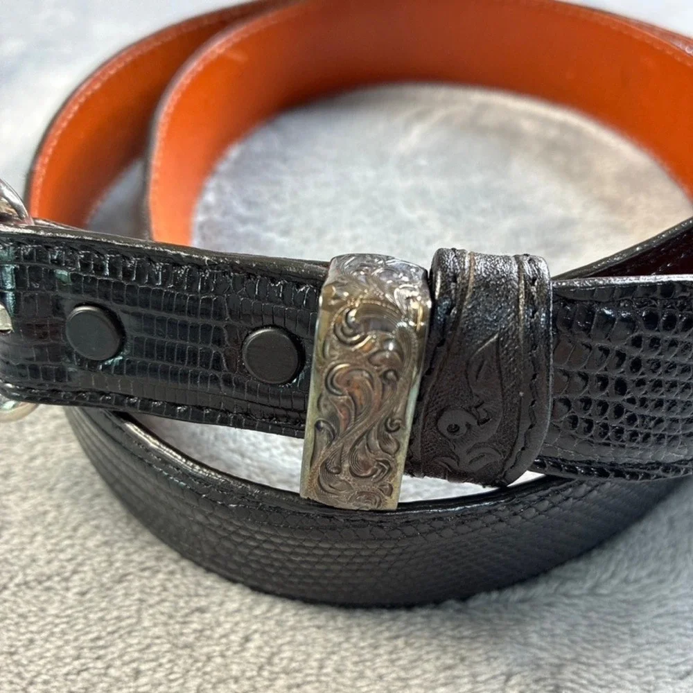 JW Cooper Mens Black Genuine Lizard‎ Skin Western Belt Silver Buckle Size 42 USA